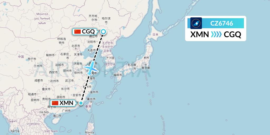 CZ6746 China Southern Airlines Flight Map: Xiamen to Changchun