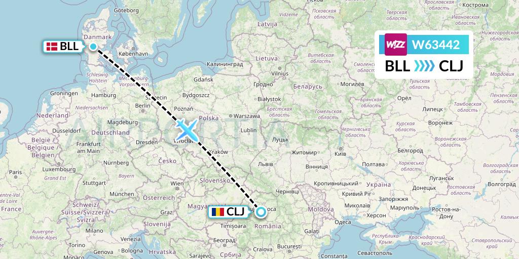 W63442 Wizz Air Flight Map: Billund to Cluj-Napoca