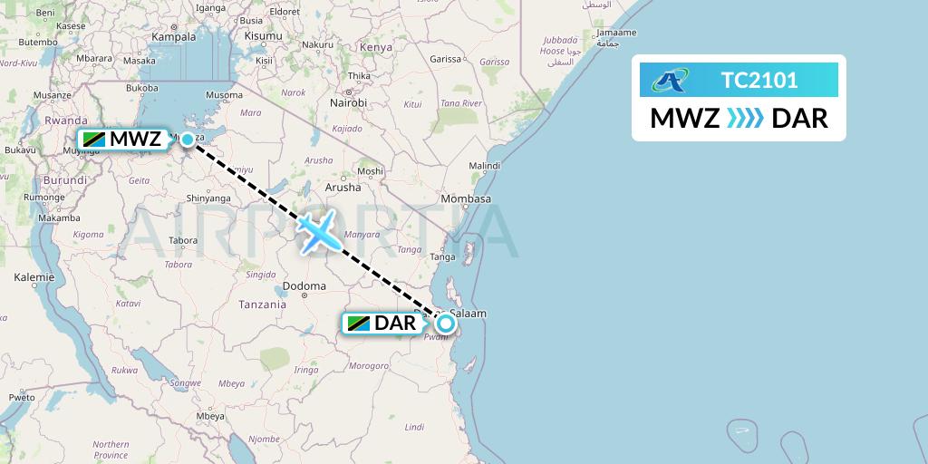 TC2101 Air Tanzania Flight Map: Mwanza to Dar-es-Salaam