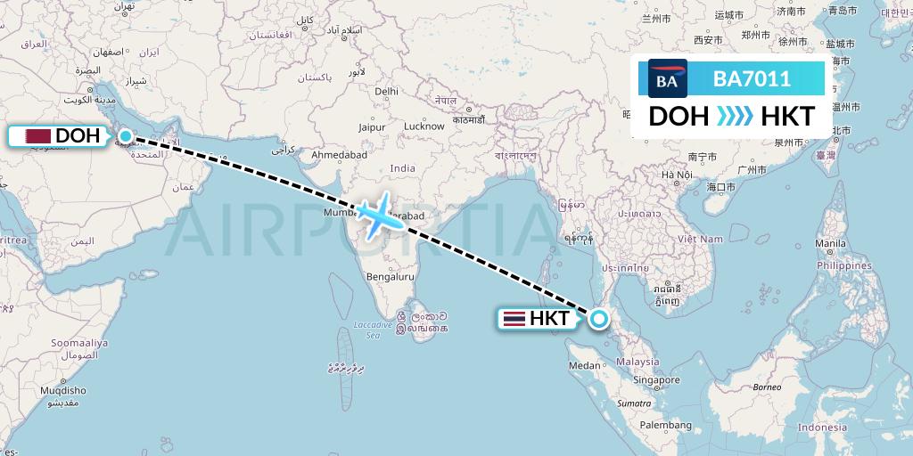 BA7011 British Airways Flight Map: Doha to Phuket