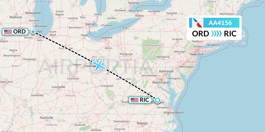 AA4156 American Airlines Flight Map: Chicago to Richmond