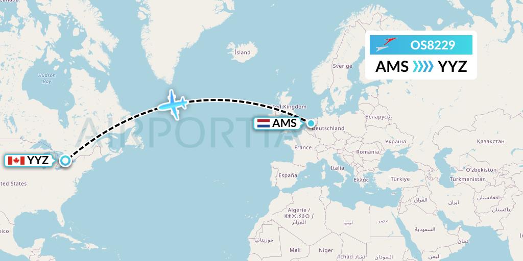 OS8229 Austrian Airlines Flight Map: Amsterdam to Toronto