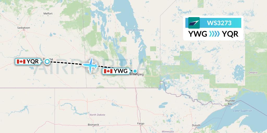 WS3273 WestJet Flight Map: Winnipeg to Regina