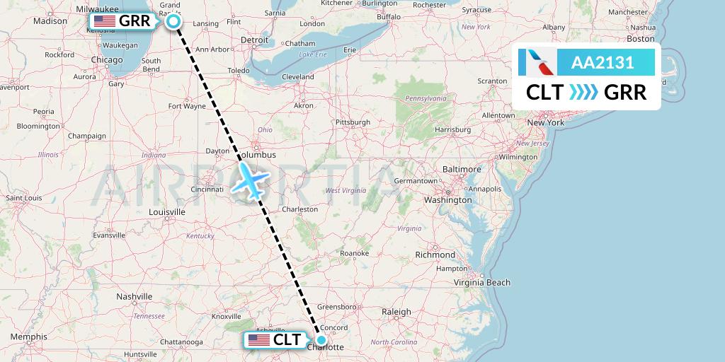 AA2131 American Airlines Flight Map: Charlotte to Grand Rapids
