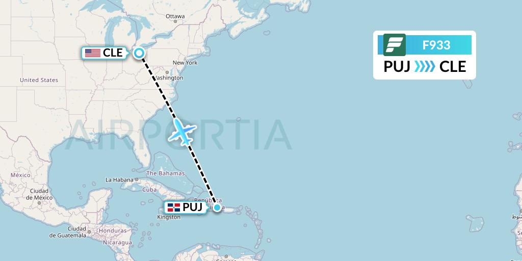 F933 Frontier Airlines Flight Map: Punta Cana to Cleveland