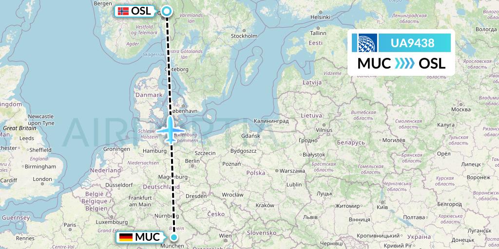 UA9438 United Airlines Flight Map: Munich to Oslo