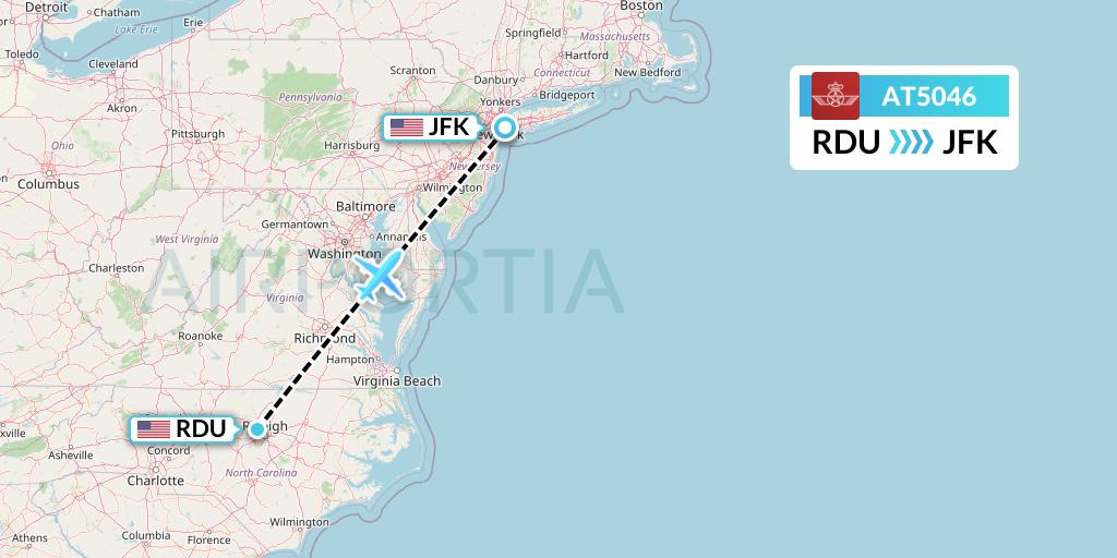 AT5046 Royal Air Maroc Flight Map: Raleigh-Durham to New York