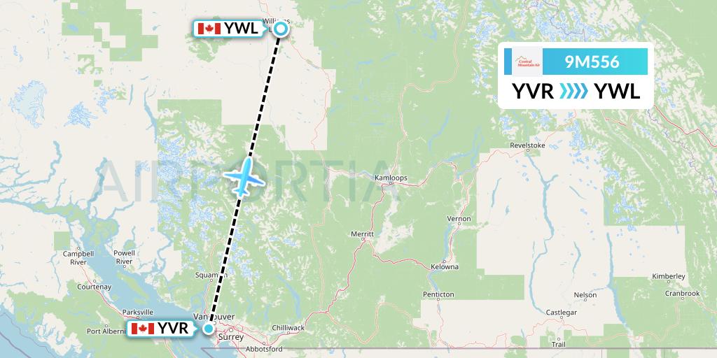 9M556 Central Mountain Air Flight Map: Vancouver to Williams Lake