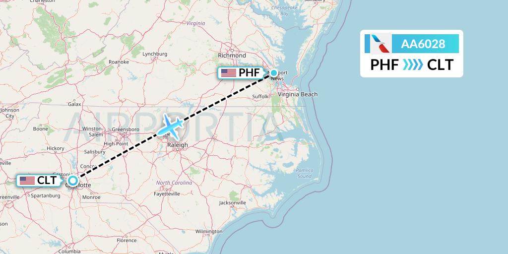 AA6028 American Airlines Flight Map: Newport News to Charlotte