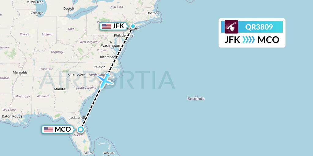 QR3809 Qatar Airways Flight Map: New York to Orlando