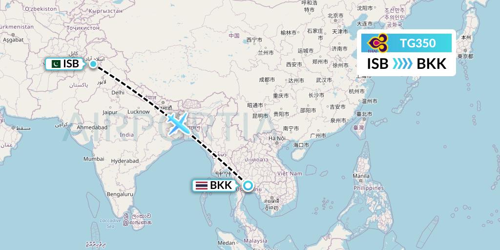 TG350 Thai Airways Flight Map: Islamabad to Bangkok