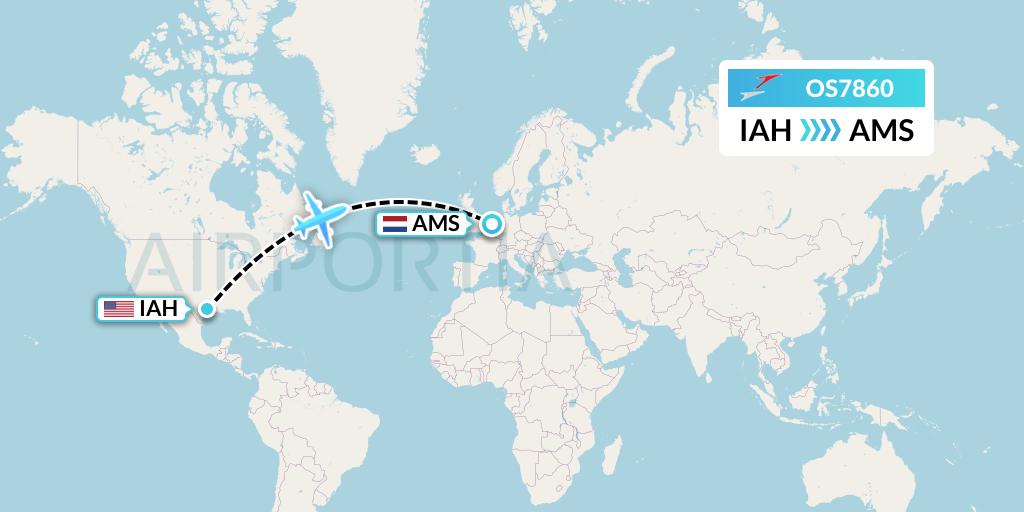 OS7860 Austrian Airlines Flight Map: Houston to Amsterdam