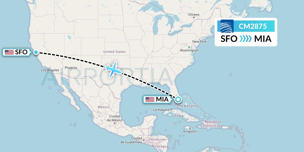CM2875 Copa Airlines Flight Map: San Francisco to Miami
