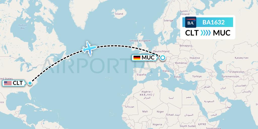 BA1632 British Airways Flight Map: Charlotte to Munich