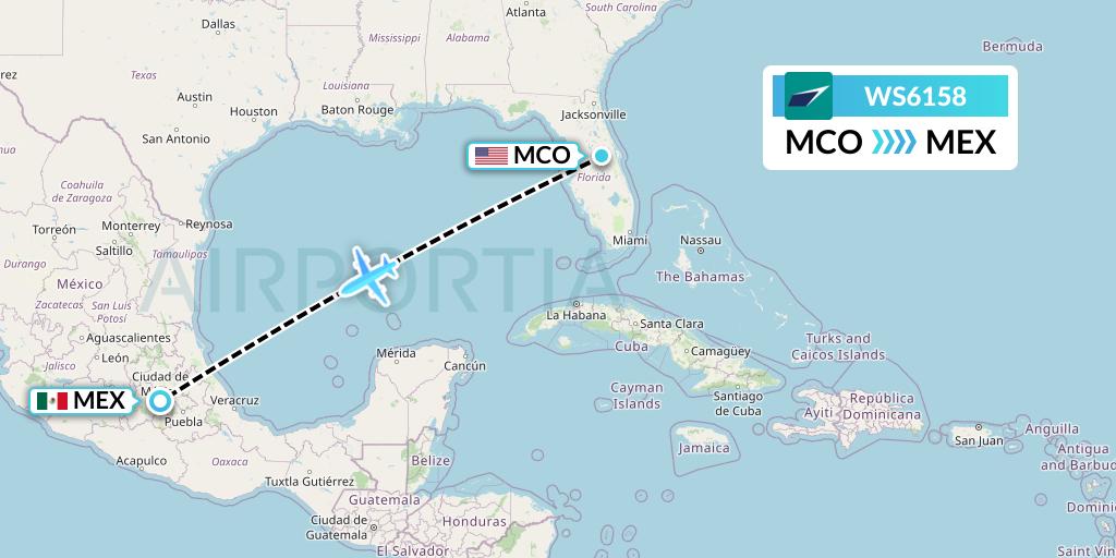 WS6158 WestJet Flight Map: Orlando to Mexico City