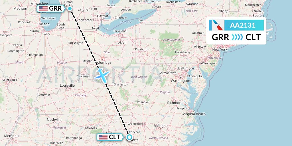 AA2131 American Airlines Flight Map: Grand Rapids to Charlotte