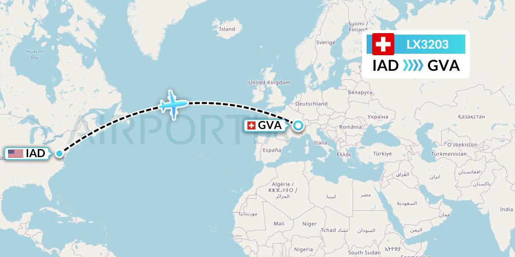 LX3203 Swiss Flight Map: Washington to Geneva