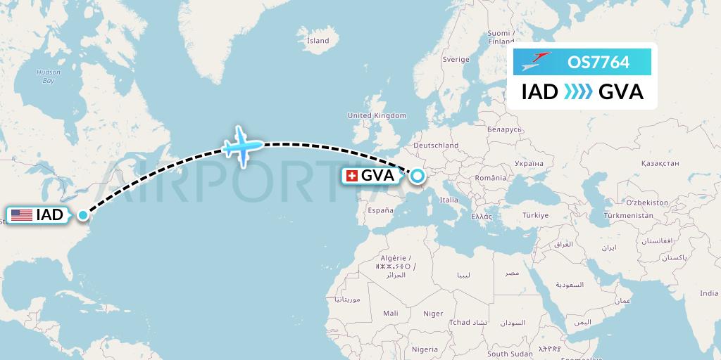 OS7764 Austrian Airlines Flight Map: Washington to Geneva