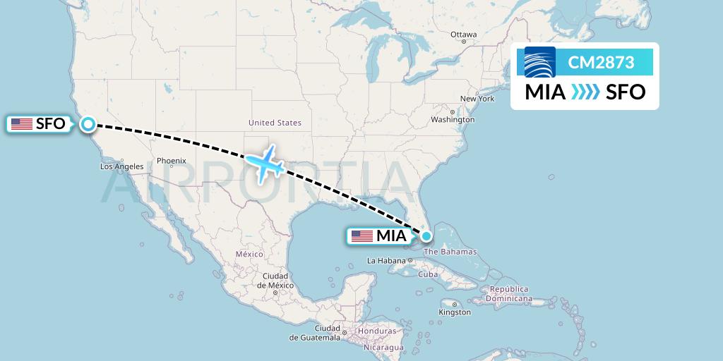 CM2873 Copa Airlines Flight Map: Miami to San Francisco