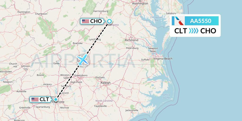 AA5550 American Airlines Flight Map: Charlotte to Charlottesville