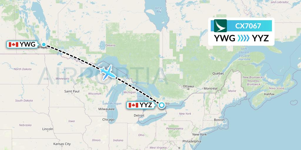 CX7067 Cathay Pacific Flight Map: Winnipeg to Toronto