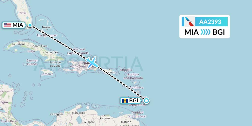 AA2393 American Airlines Flight Map: Miami to Bridgetown