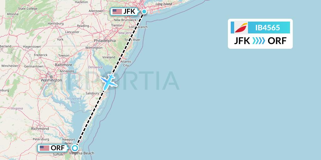 IB4565 Iberia Flight Map: New York to Norfolk