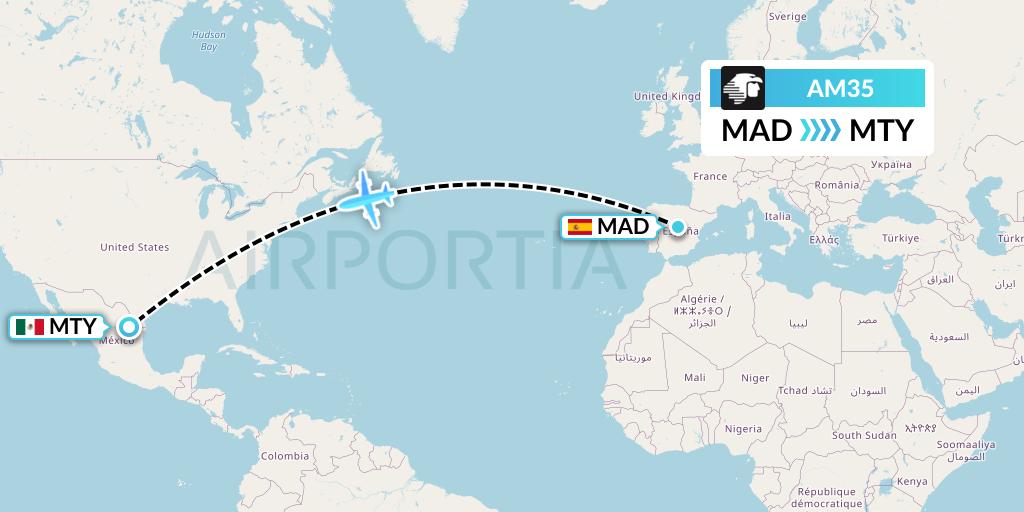 AM35 Aeromexico Flight Map: Madrid to Monterrey