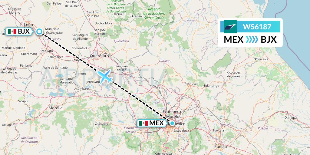 WS6187 WestJet Flight Map: Mexico City to Silao