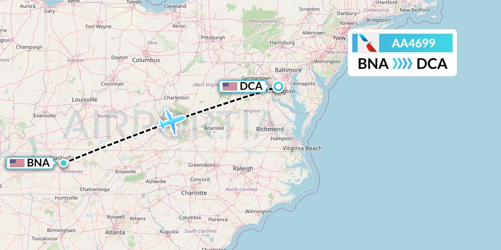 AA4699 American Airlines Flight Map: Nashville to Washington