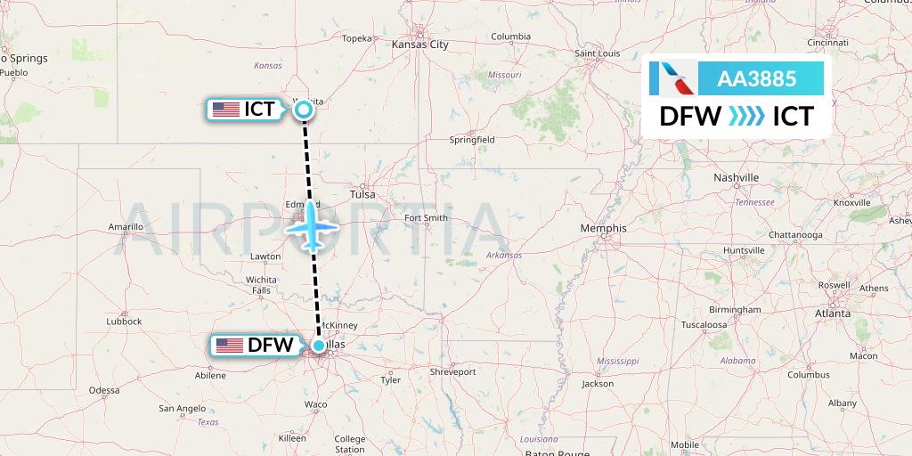 AA3885 American Airlines Flight Map: Dallas to Wichita