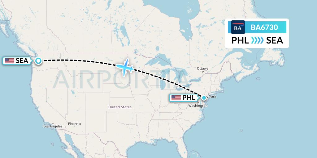 BA6730 British Airways Flight Map: Philadelphia to Seattle