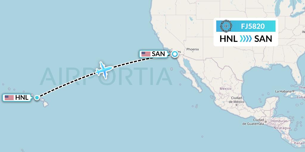 FJ5820 Fiji Airways Flight Map: Honolulu to San Diego