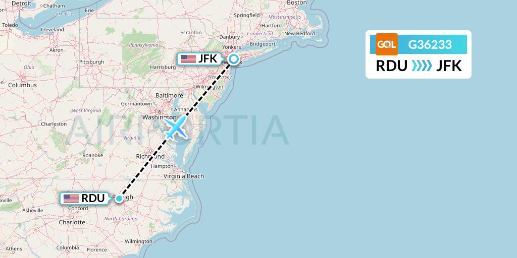 G36233 GOL Transportes Aeros Flight Map: Raleigh-Durham to New York