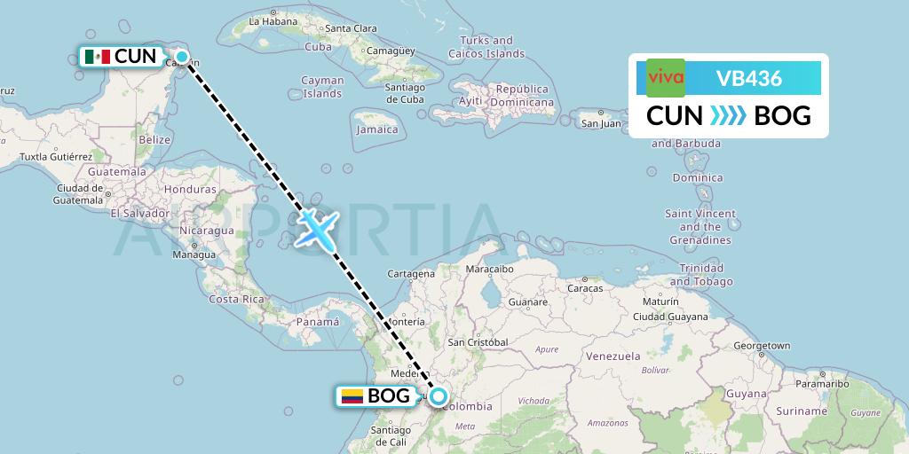 VB436 VivaAerobus Flight Map: Cancun to Bogota
