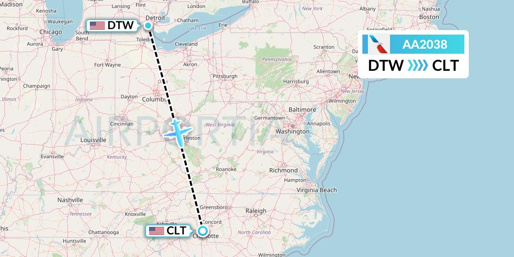 AA2038 American Airlines Flight Map: Detroit to Charlotte