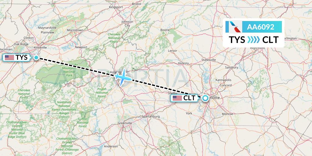 AA6092 American Airlines Flight Map: Knoxville to Charlotte