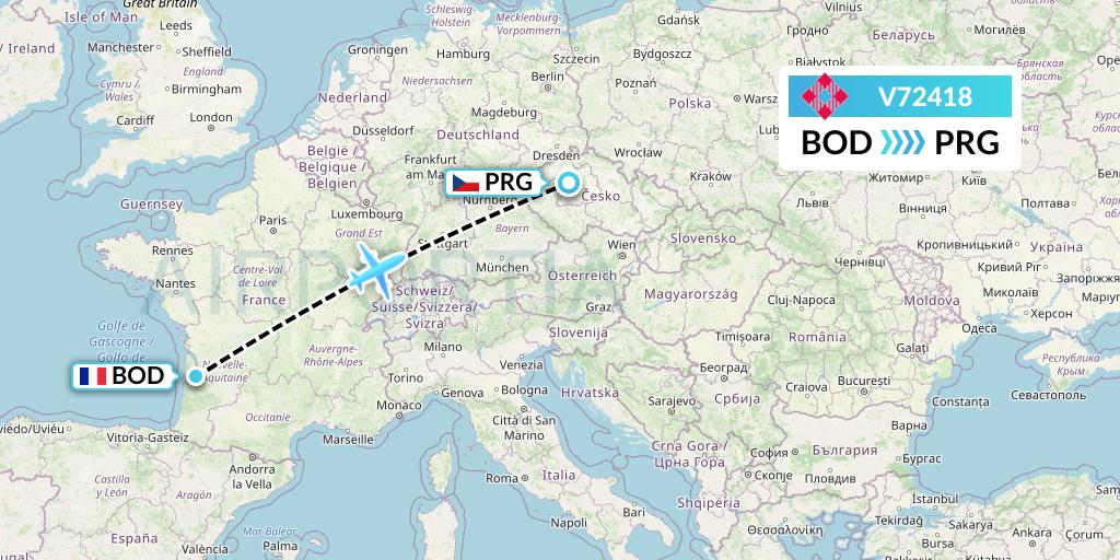 V72418 Volotea Flight Map: Bordeaux to Prague