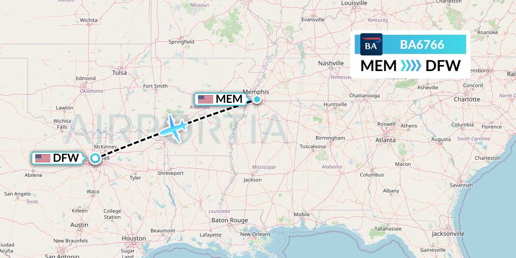 BA6766 British Airways Flight Map: Memphis to Dallas