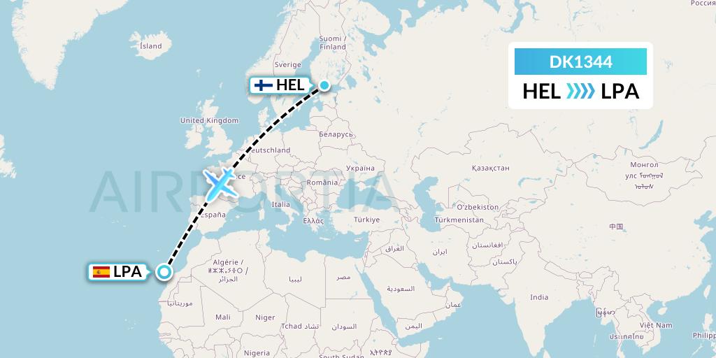 DK1344 Thomas Cook Airlines Scandinavia Flight Map: Helsinki to Las Palmas