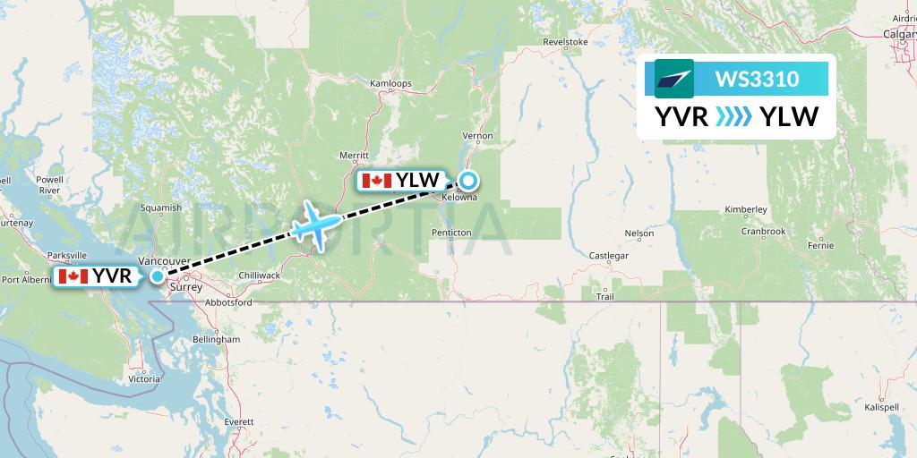 WS3310 WestJet Flight Map: Vancouver to Kelowna