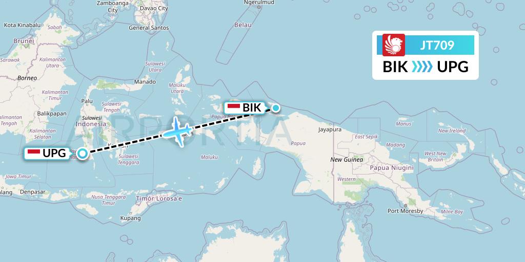 JT709 Lion Airlines Flight Map: Biak to Makassar