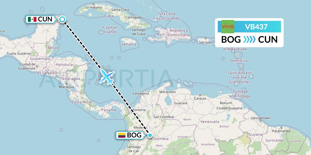 VB437 VivaAerobus Flight Map: Bogota to Cancun