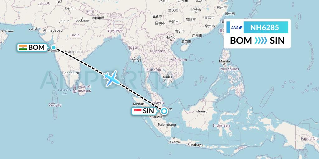 NH6285 All Nippon Airways Flight Map: Mumbai to Singapore
