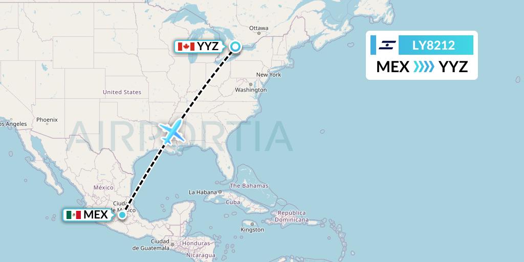 LY8212 El Al Flight Map: Mexico City to Toronto