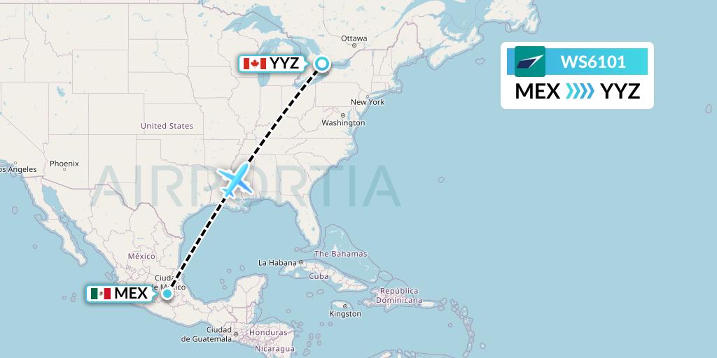 WS6101 WestJet Flight Map: Mexico City to Toronto