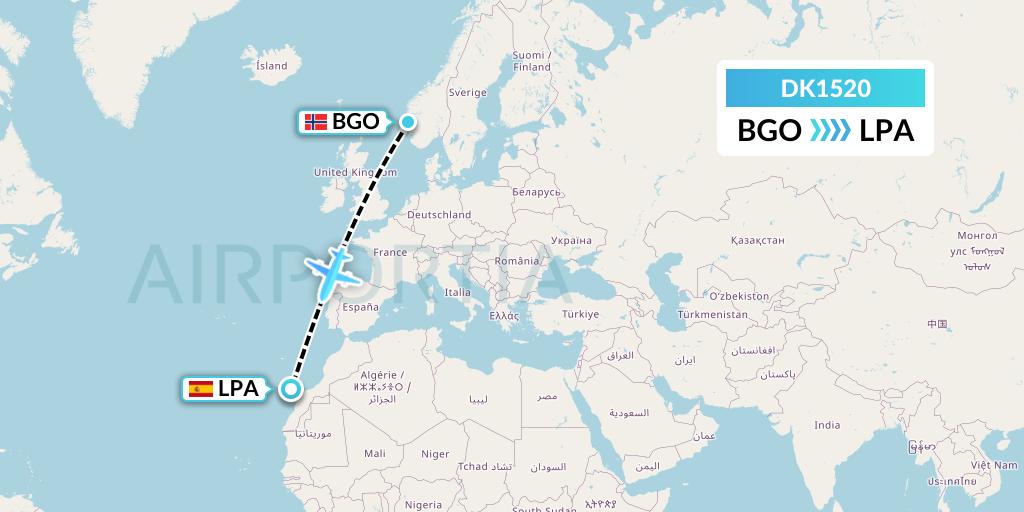 DK1520 Thomas Cook Airlines Scandinavia Flight Map: Bergen to Las Palmas