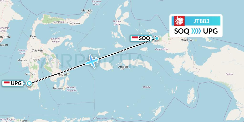 JT883 Lion Airlines Flight Map: Sorong to Makassar