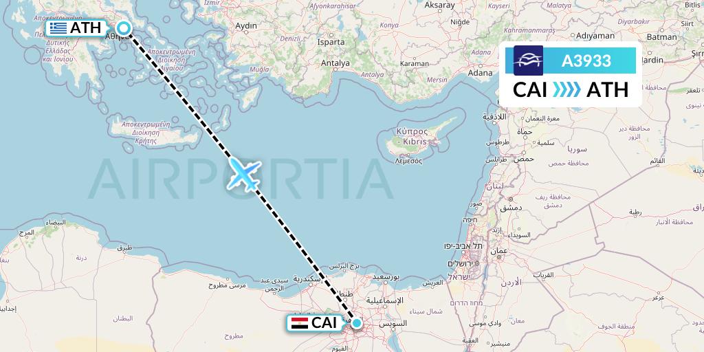 A3933 Aegean Airlines Flight Map: Cairo to Athens
