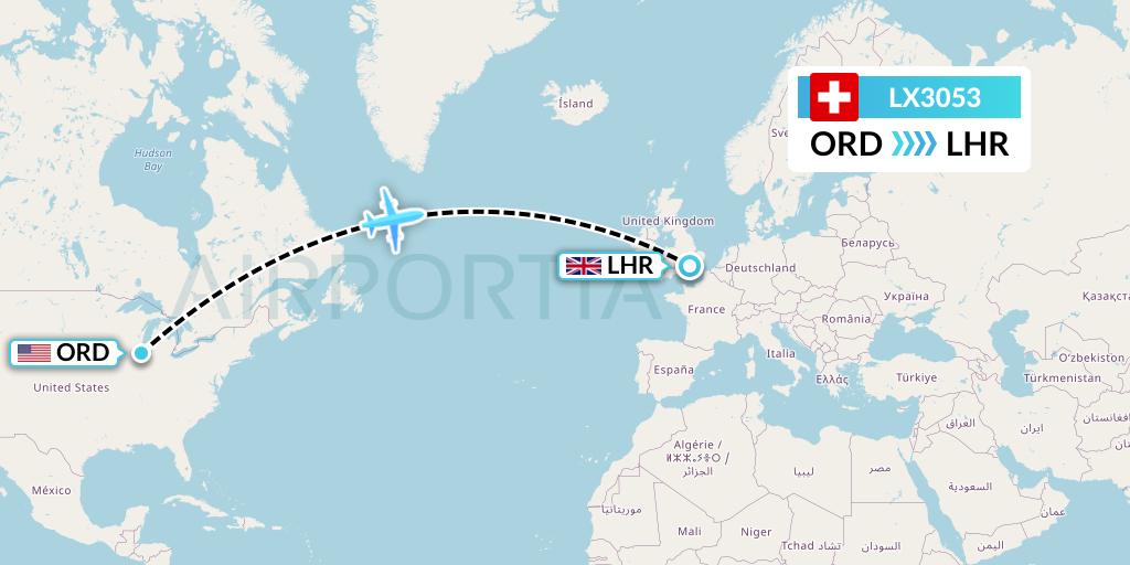 LX3053 Swiss Flight Map: Chicago to London